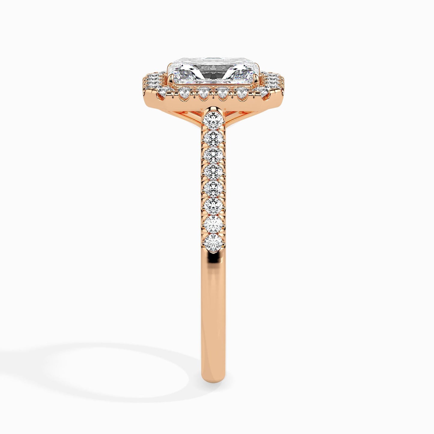 1 Carat Radiant Solitaire Ring with Halo in Diamond Band