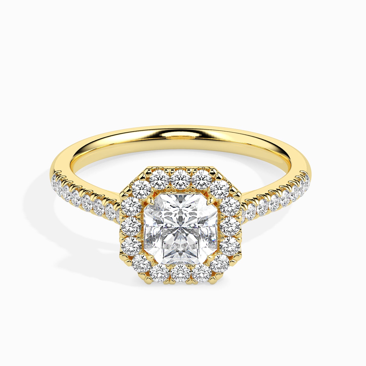 1 Carat Asscher Solitaire Ring with Halo in Diamond Band