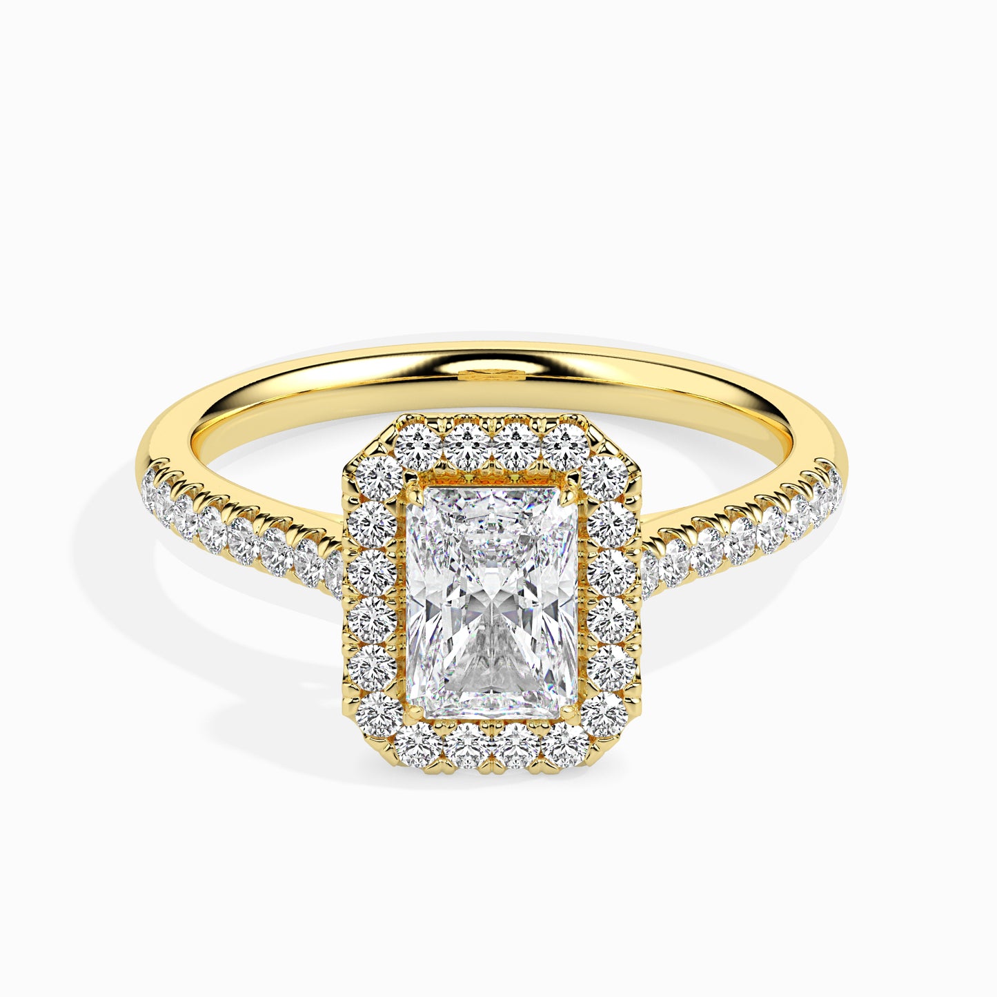 1 Carat Radiant Solitaire Ring with Halo in Diamond Band