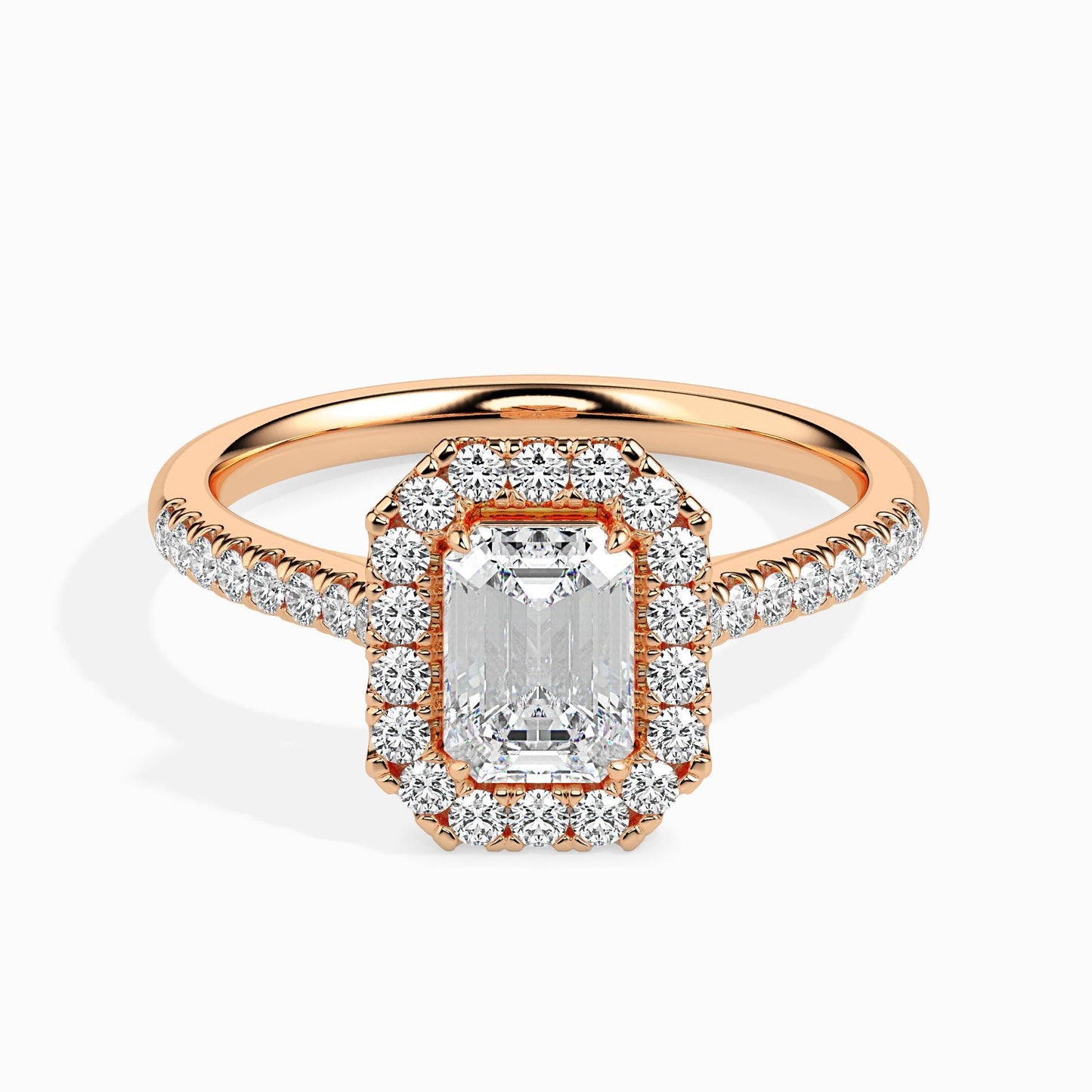 50 Cent Emerald Solitaire Ring with Halo in Diamond Band