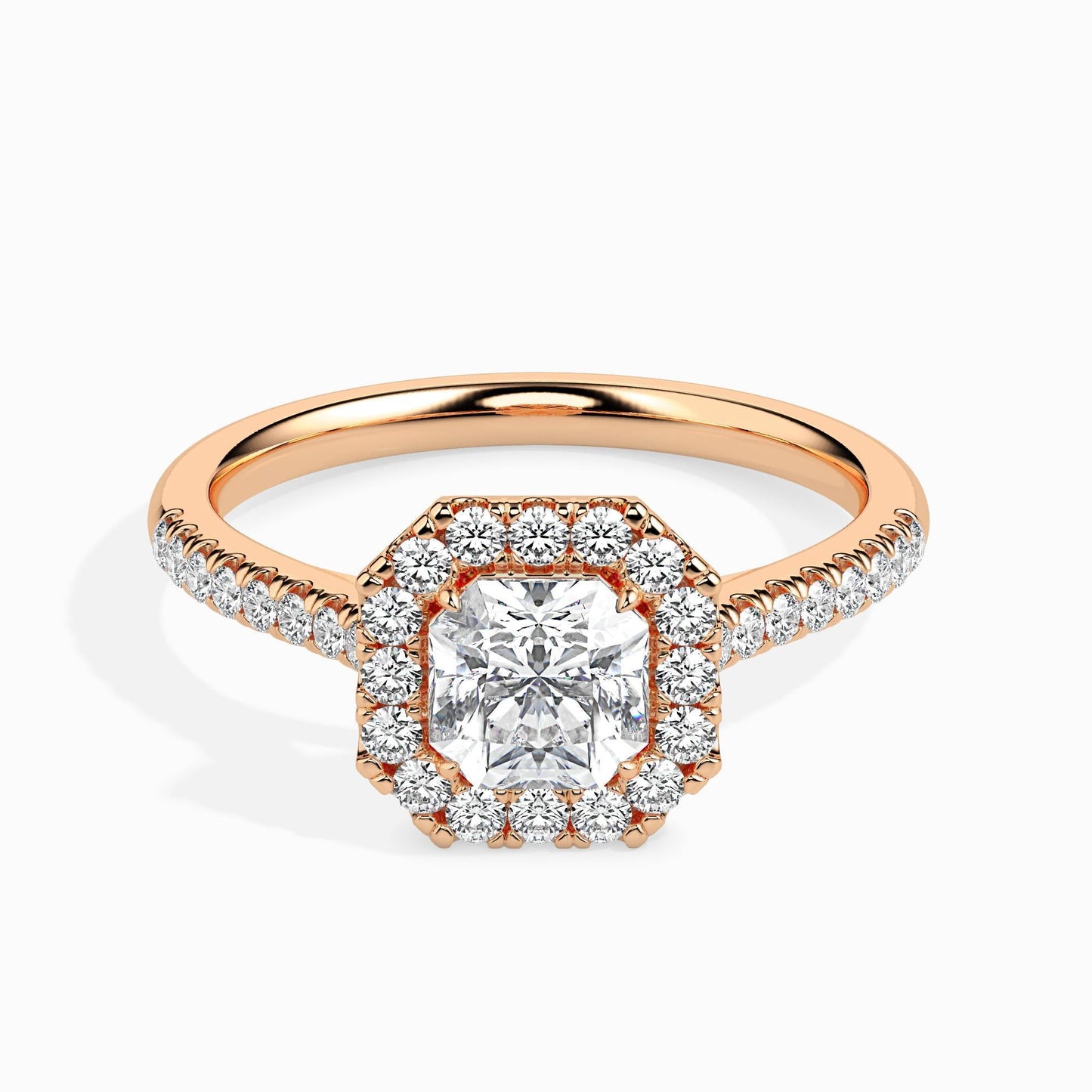50 Cent Asscher Solitaire Ring with Halo in Diamond Band