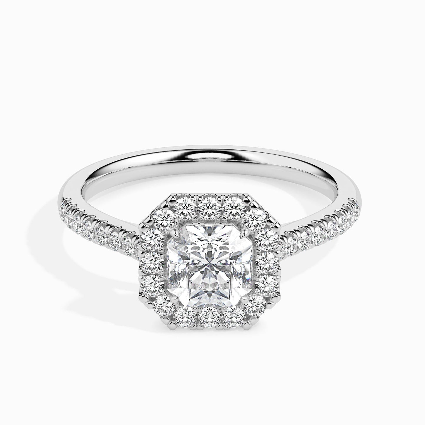 50 Cent Asscher Solitaire Ring with Halo in Diamond Band