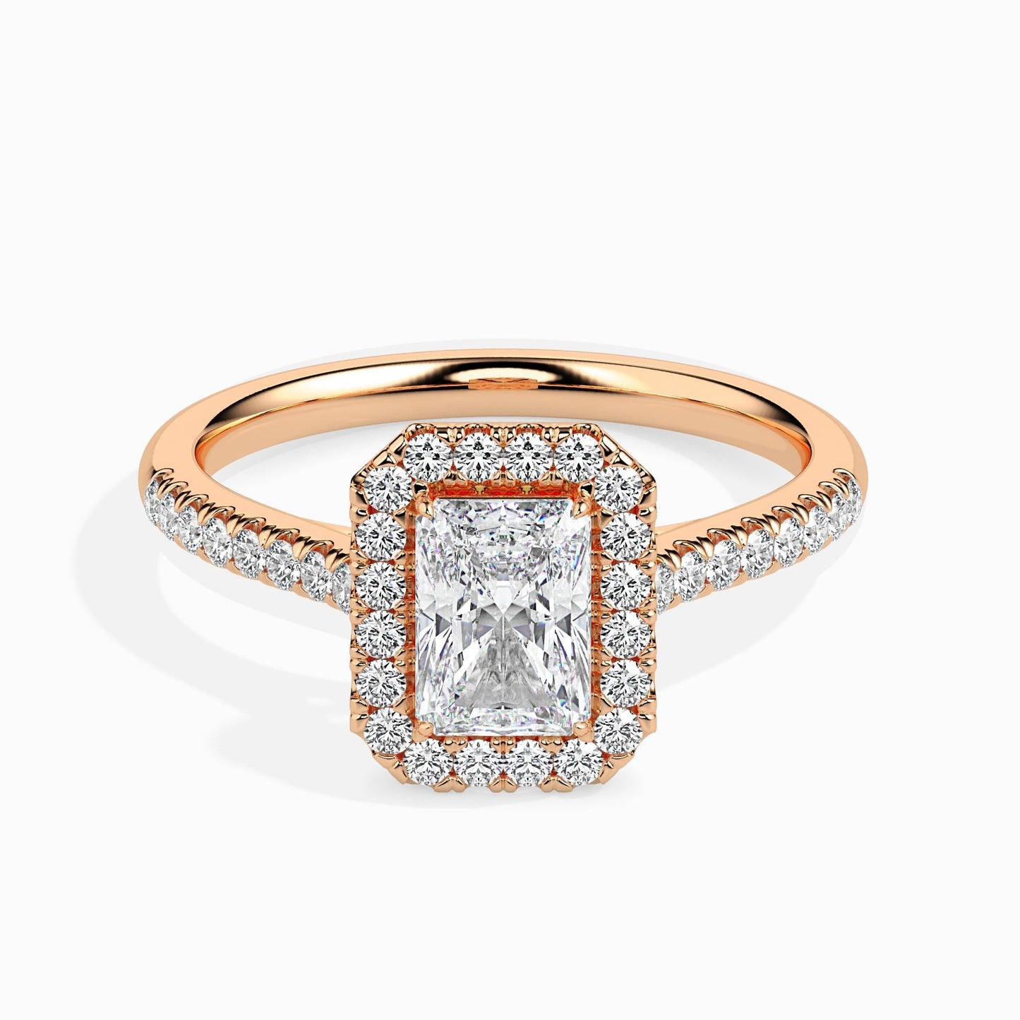 1 Carat Radiant Solitaire Ring with Halo in Diamond Band