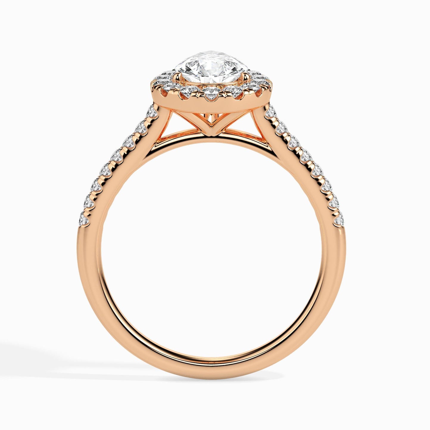 1.5 Carat Pear Solitaire Ring with Halo in Diamond Band