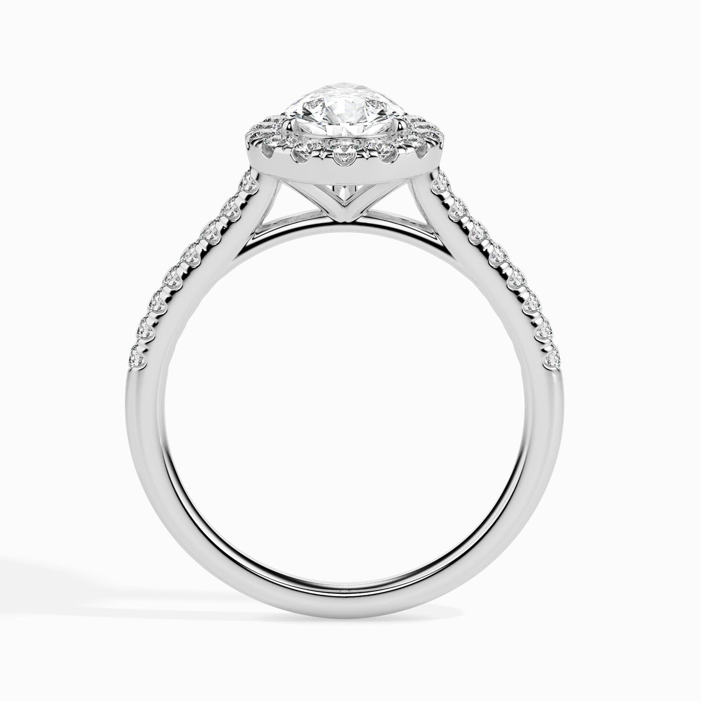 1.5 Carat Pear Solitaire Ring with Halo in Diamond Band