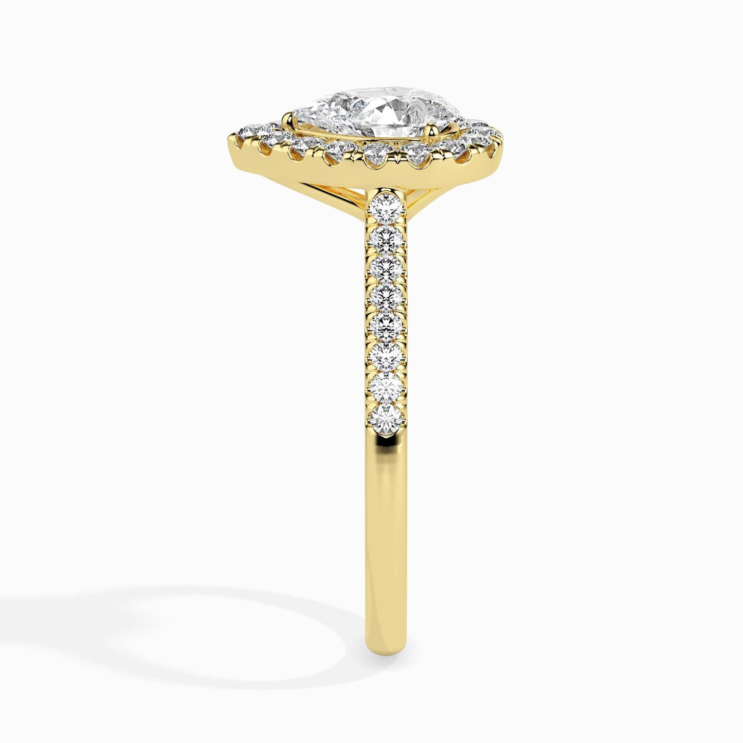 1.5 Carat Pear Solitaire Ring with Halo in Diamond Band